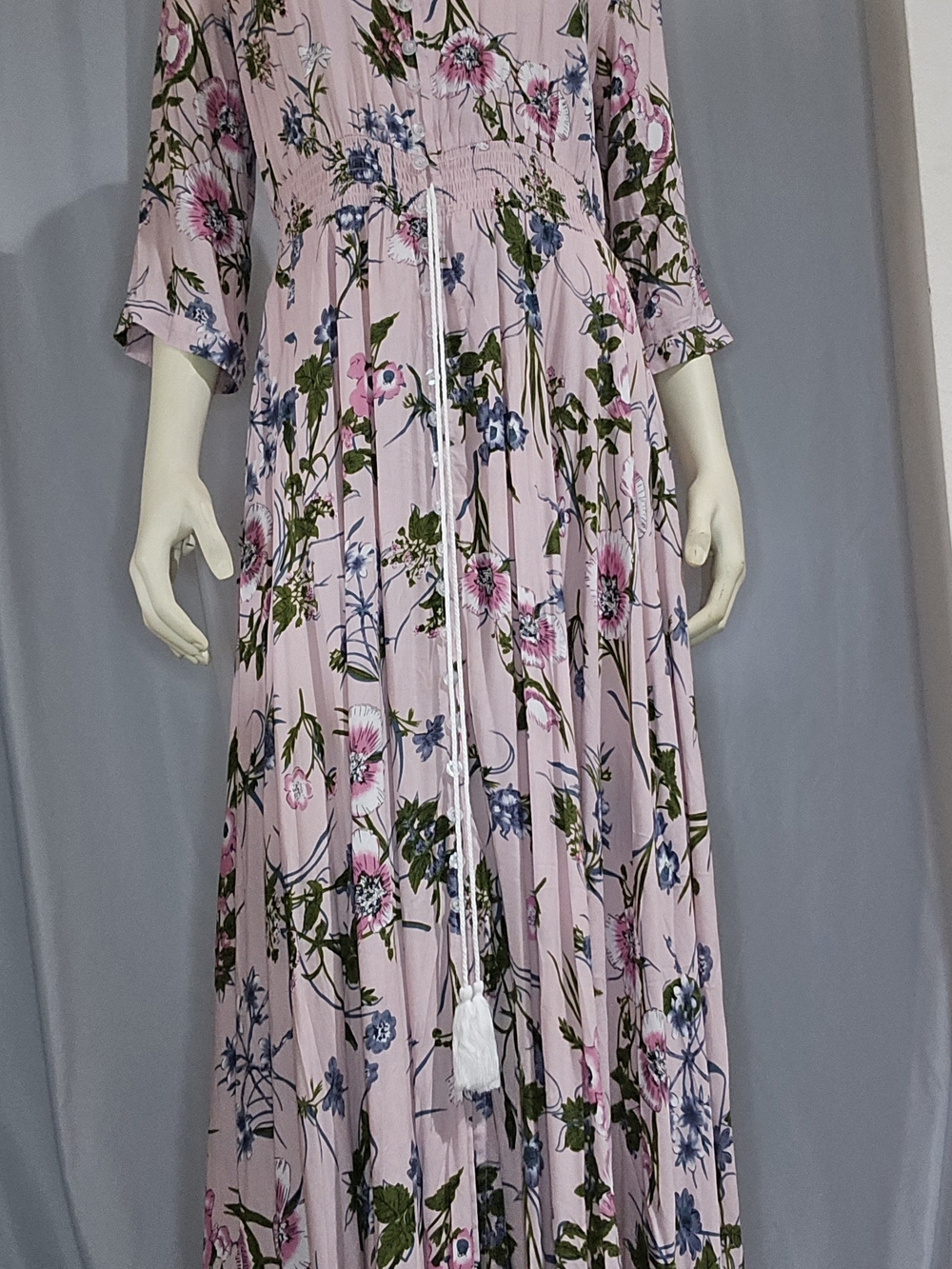 Blush Pink Floral Maxi Dress with Tassel Tie